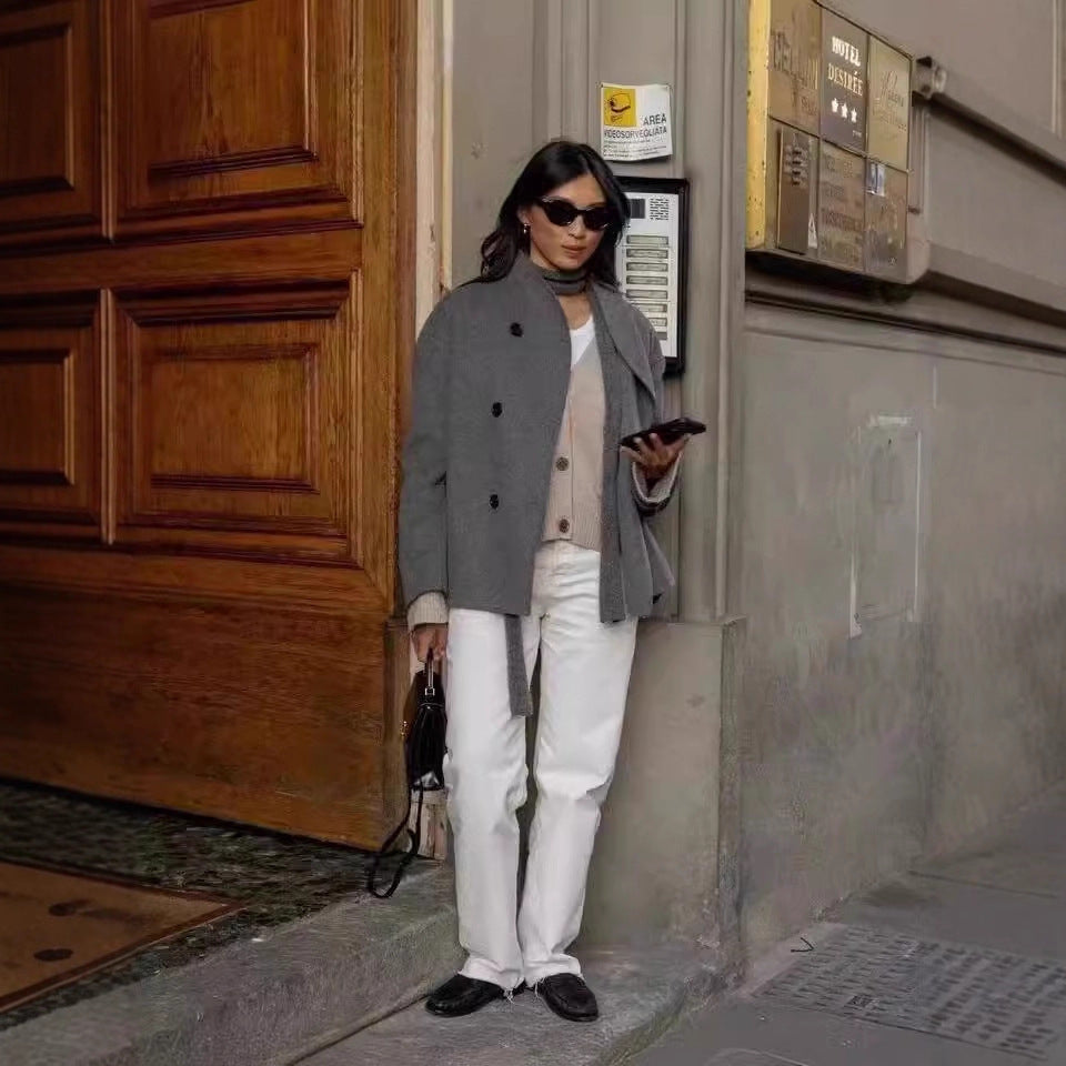 Damen modische Wolljacke mit doppelter Knopfleiste und hohen Kragen Heidi-Mode