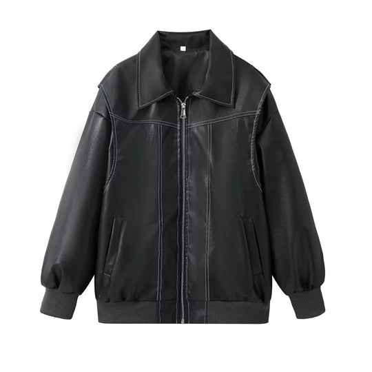 Damen stylische Kunstlederjacke mit voluminösen Ärmeln und praktischen Zipper-Taschen Heidi-Mode