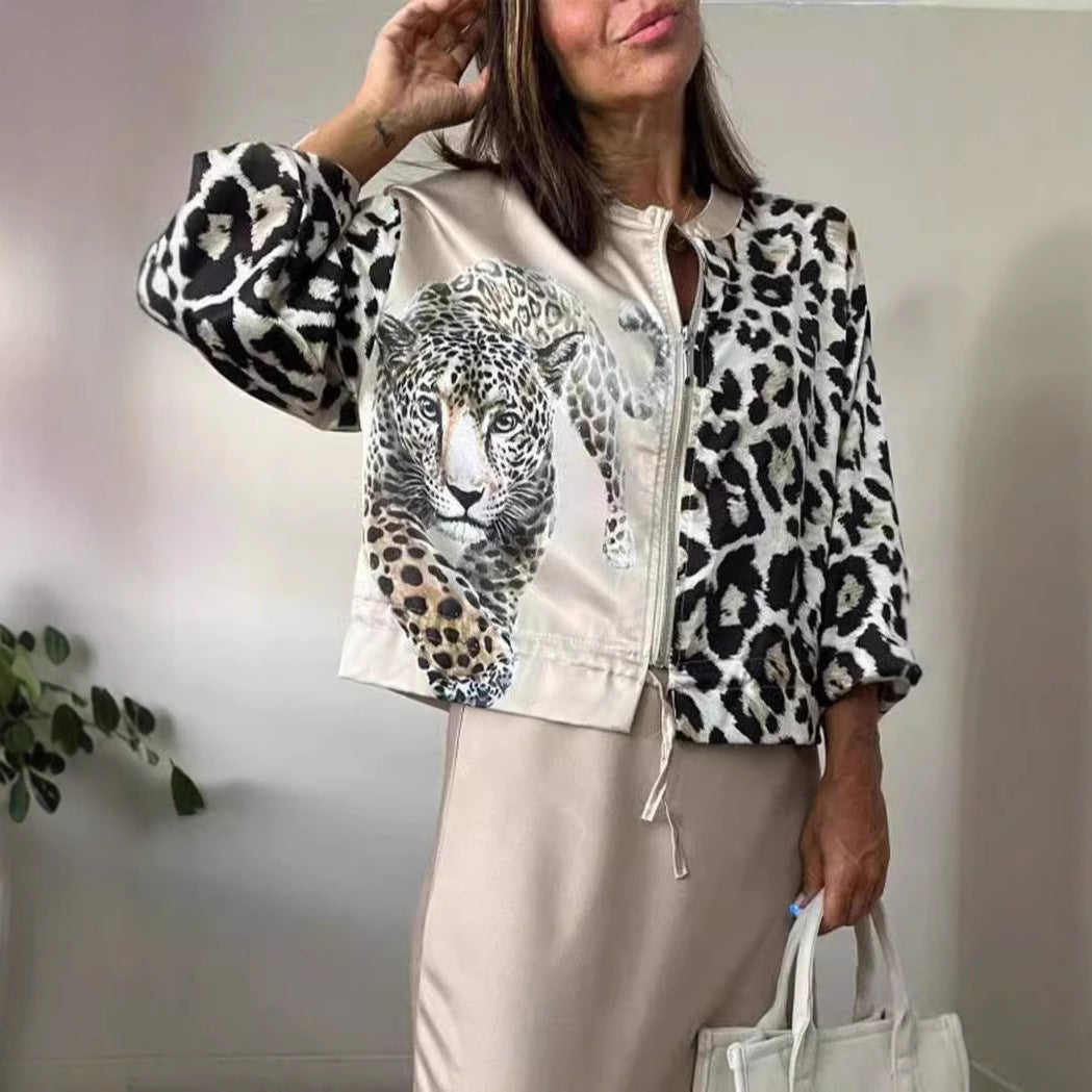 Damen entspannte Bomberjacke mit extravagantem Leoparden-Motiv Heidi-Mode