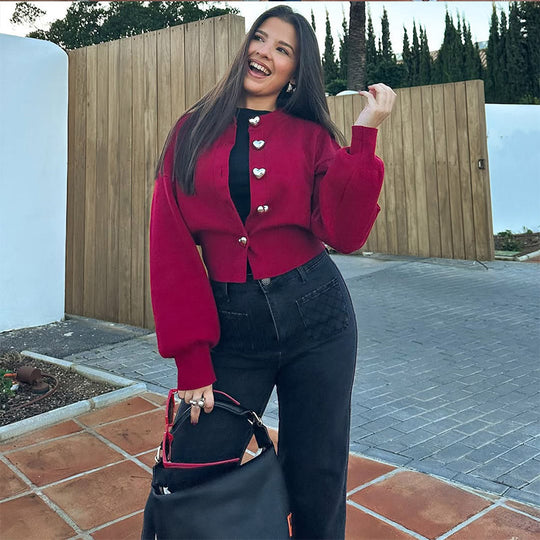 Damen Pullover mit Herzknöpfen und Puffärmeln Heidi-Mode