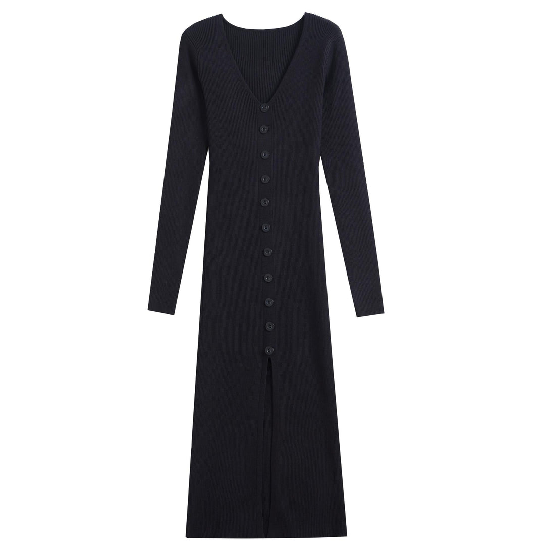 Damen Langärmliges Maxikleid mit Rippstruktur und Knopfdetail Heidi-Mode
