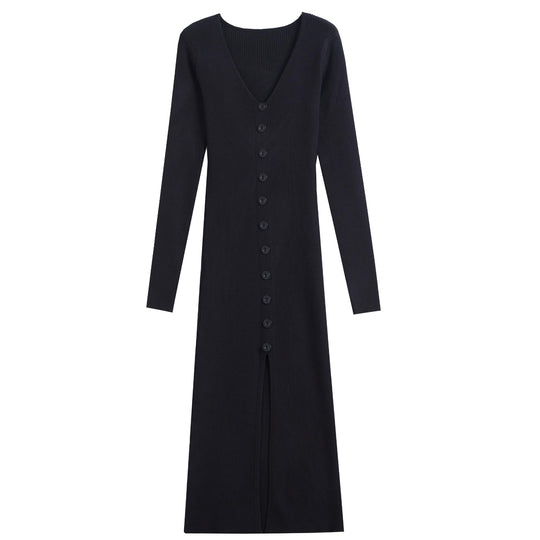 Damen Langärmliges Maxikleid mit Rippstruktur und Knopfdetail Heidi-Mode