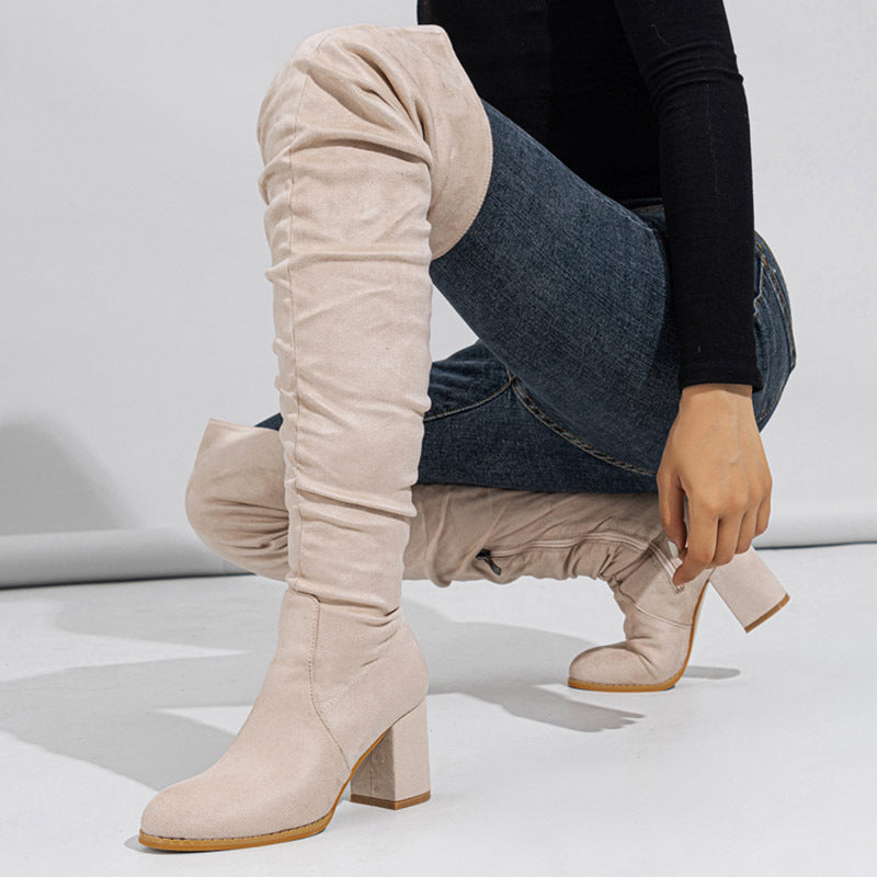 Damen Overknee Stiefel mit eleganter Raffung und plushigem Obermaterial Heidi-Mode