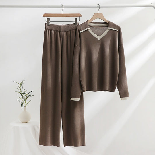 Damen gemütliches Strick-Loungewear-Set mit kontrastierendem Kragen und weitem Bein Heidi-Mode