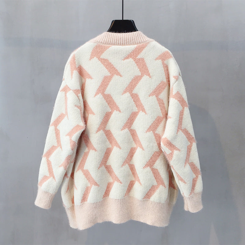 Damen Grobstrick Cardigan mit modernem Zickzackmuster und Knopfdetails Heidi-Mode