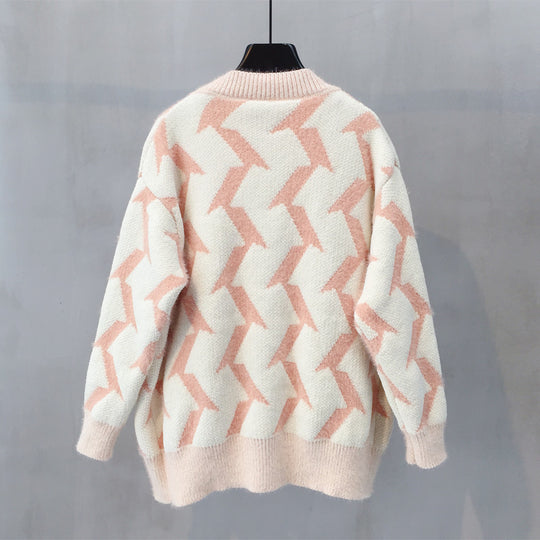 Damen Grobstrick Cardigan mit modernem Zickzackmuster und Knopfdetails Heidi-Mode