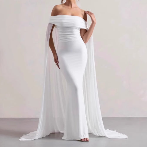 Damen Elegantes Off-Shoulder Abendkleid mit fließendem Transparenz-Cape und figurumspielendem Schnitt Heidi-Mode