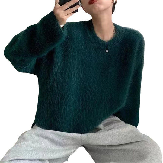 Damen Flauschiger Pullover mit lässigem Schnitt und hohem Rundhalsausschnitt Heidi-Mode