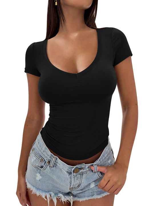 Damen figurbetontes V-Ausschnitt T-Shirt aus weichem Stretchmaterial Heidi-Mode