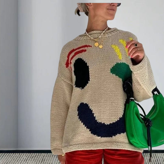 Damen gestrickter Pullover mit fröhlichem Smiley-Motiv und lässigem Schnitt Heidi-Mode
