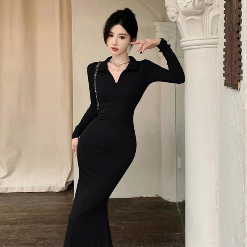 Heidi-Mode | Slim Fit Reißverschluss V-Ausschnitt Knielang Meerjungfrau Kleid