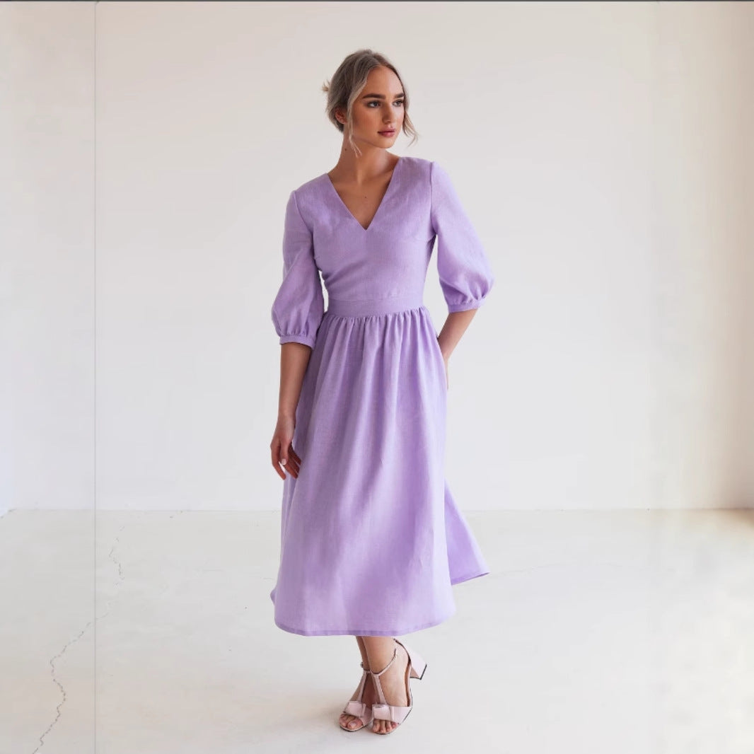 Damen Leinenkleid mit elegantem V-Ausschnitt und lockerem Schnitt Heidi-Mode
