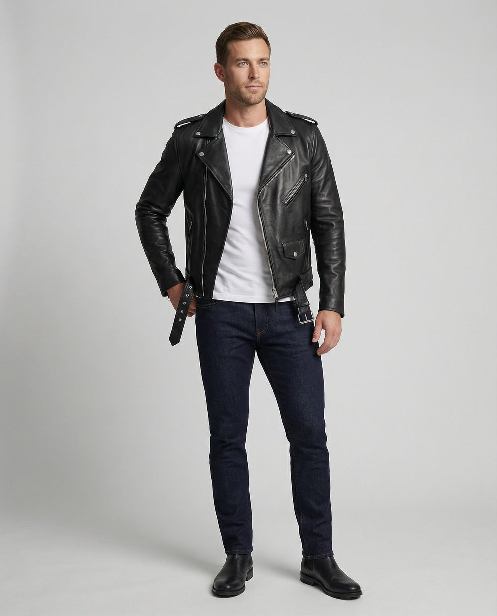 Herren Kunstleder Bikerjacke mit asymmetrischem Reißverschluss