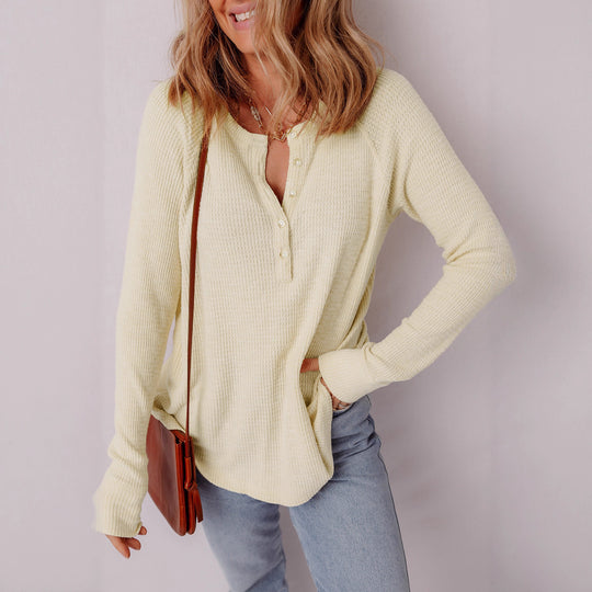 Damen lässiger Henley-Pullover aus strukturiertem Material Heidi-Mode