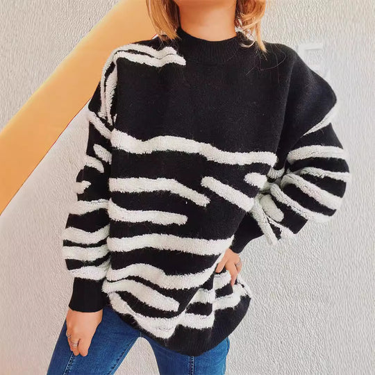 Damen lässiger Strickpullover mit modernem Zebrastreifenmuster Heidi-Mode