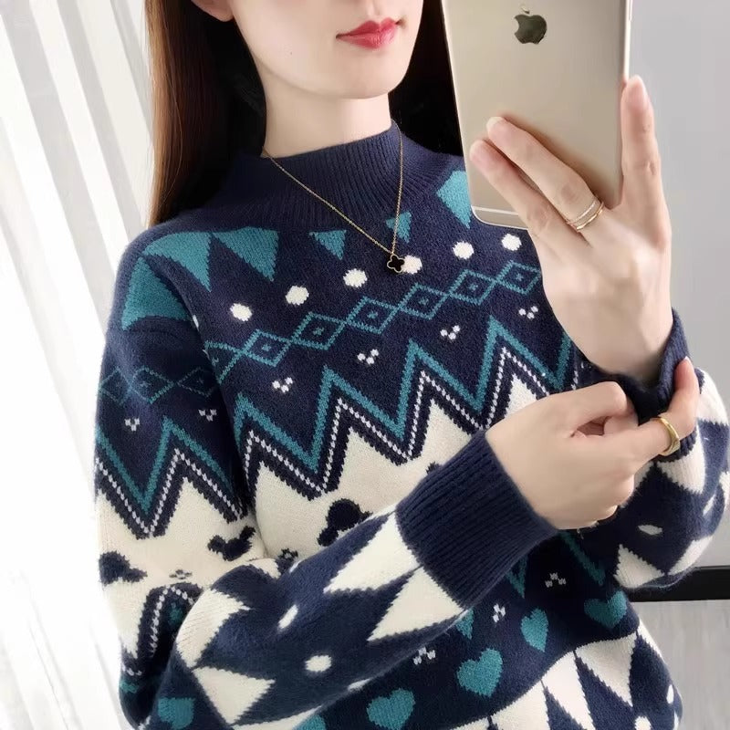 Damen festlicher Strickpullover im modernen Weihnachtsdesign mit geometrischem Muster und komfortablem Rundhalsausschnitt Heidi-Mode