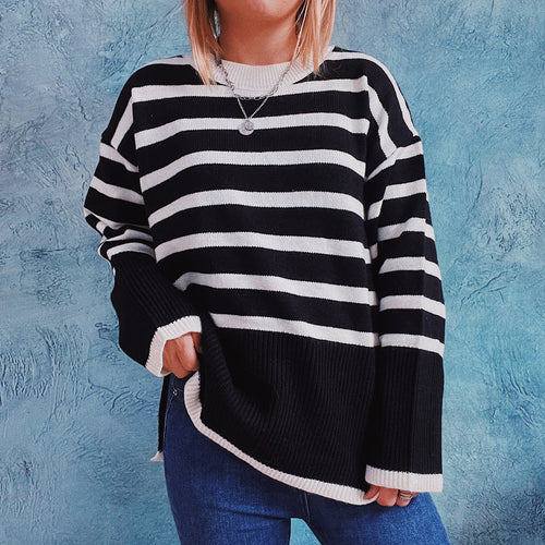 Damen lässiger Strickpullover mit modernem Streifenmuster und feiner Rippstruktur Heidi-Mode