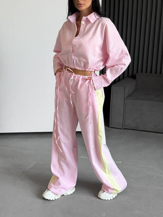 Damen luftiges Loungewear-Set mit Kordelzug und durchgehender Knopfleiste Heidi-Mode