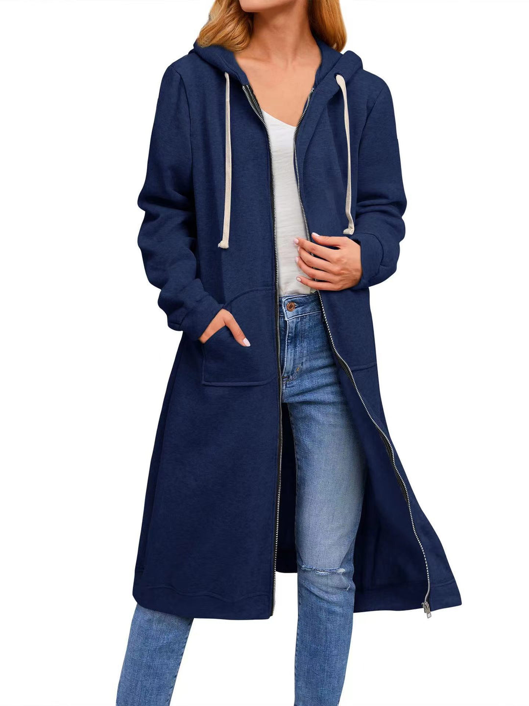 Damen Long Hoodie-Jacke aus bequemen Sweatmaterial mit Taschen Heidi-Mode