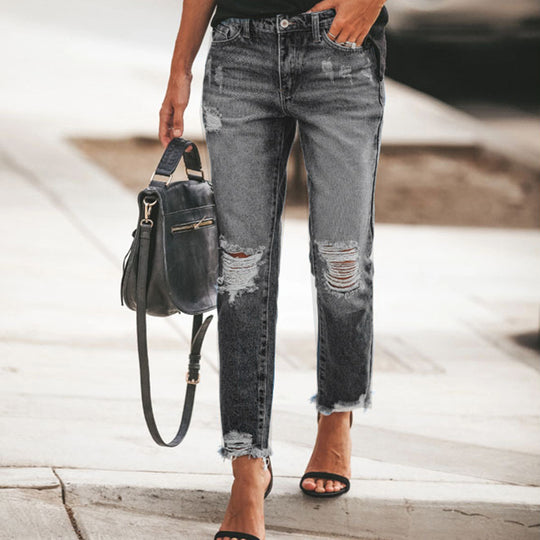 Damen Ripped Denim-Jeans mit lässigem Schnitt und ausgefranstem Saum Heidi-Mode