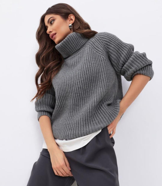 Damen Strickpullover mit hohem Kragen und Wabenstruktur Heidi-Mode
