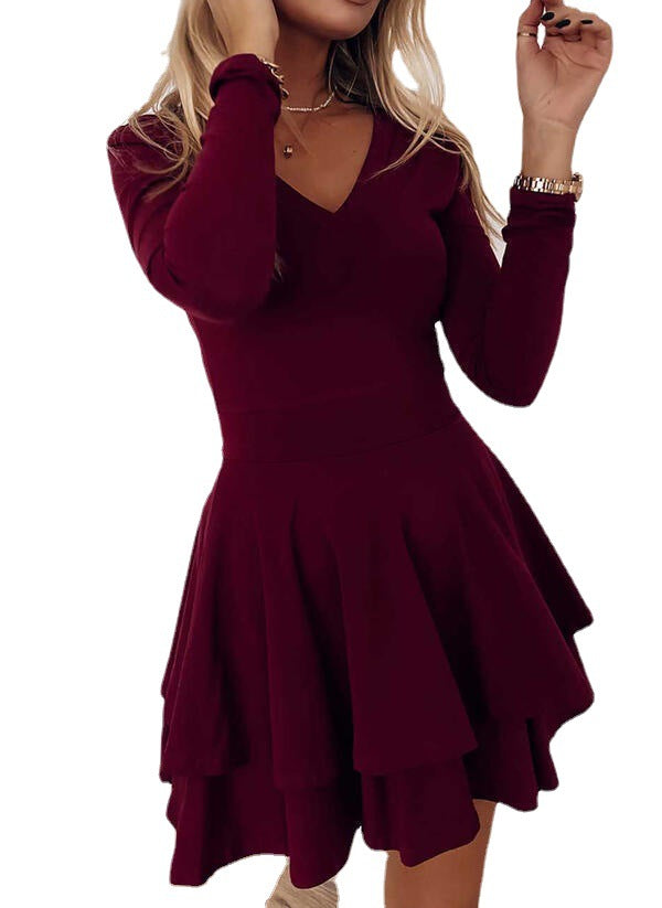 Damen V-Ausschnitt Kleid mit voluminösem Rock und langen Ärmeln Heidi-Mode