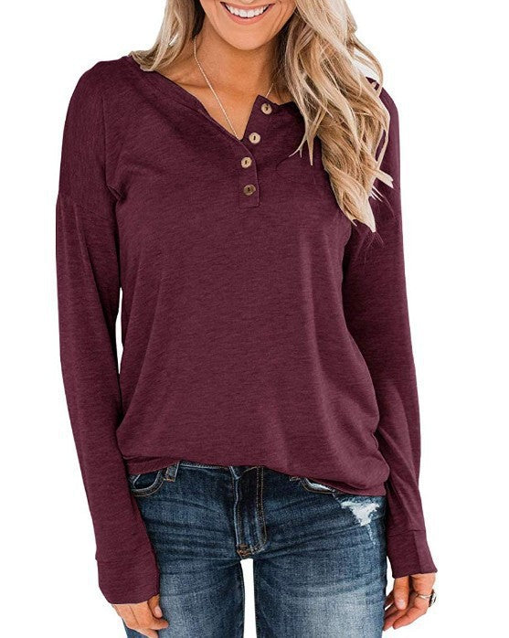 Damen modisches Langarm-Henley-Shirt mit Knopfleiste Heidi-Mode