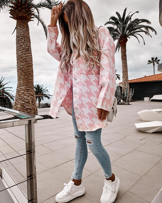 Damen modischer Oversized Hemdenjacke im Hahnentritt-Muster Heidi-Mode
