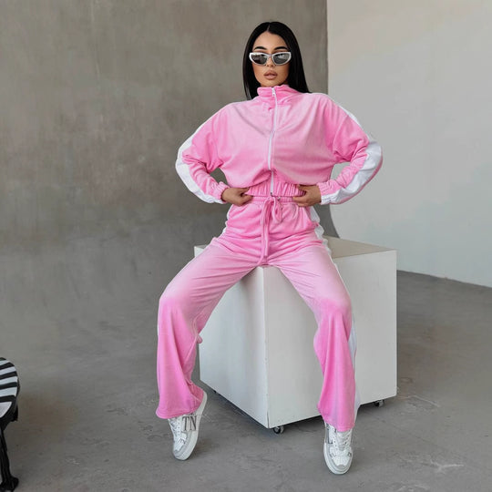 Damen modisches Velours-Jogginganzug-Set mit eleganten Streifen Heidi-Mode