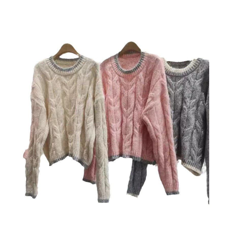 Damen Grob gestrickter Pullover mit Zopfmuster und Rundhalsausschnitt Heidi-Mode