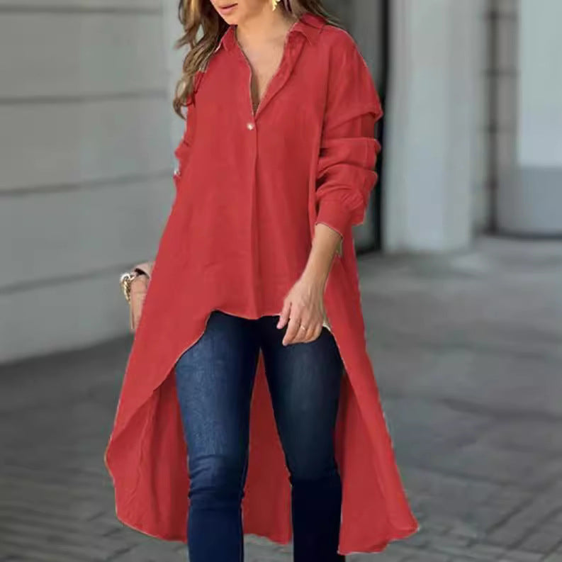 Damen Lässige Langarmbluse mit asymmetrischem Schnitt und Knopfdetails Heidi-Mode