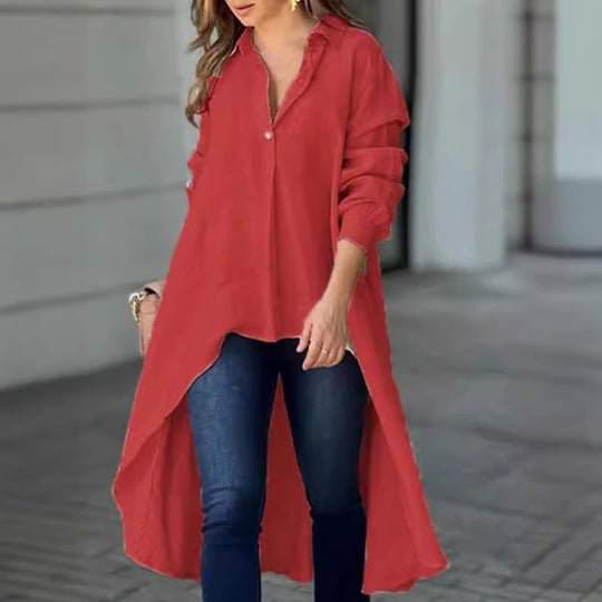 Damen Lässige Langarmbluse mit asymmetrischem Schnitt und Knopfdetails Heidi-Mode