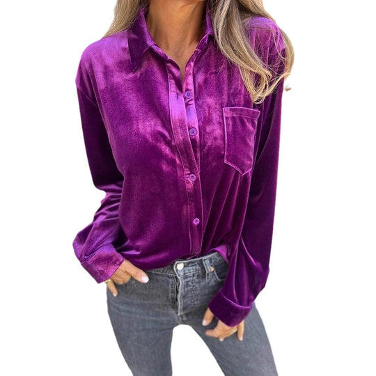 Damen Elegante Samtbluse mit klassischem Hemdkragen und langen Ärmeln Heidi-Mode