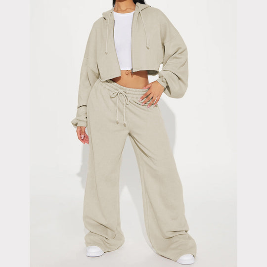 Damen Sportliches Fleece-Set mit cropped Hoodie und weitem Schnitt Heidi-Mode