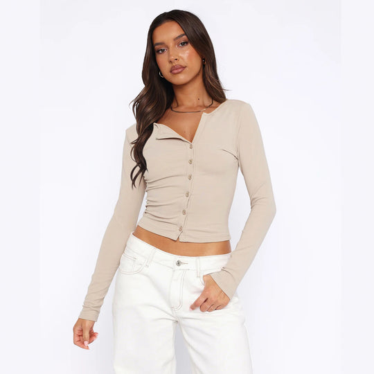 Damen figurbetontes Langarmshirt mit Knopfleiste Heidi-Mode