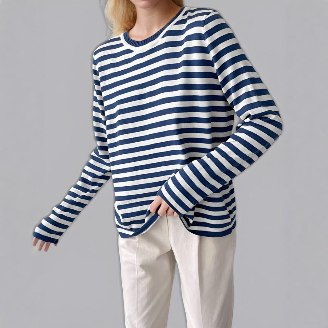 Damen gestreifter Langarmpullover mit Rundhalsausschnitt und lässigem Schnitt Heidi-Mode