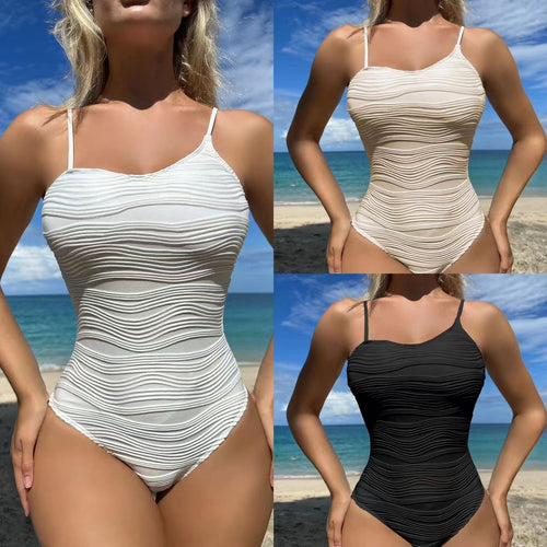 Damen Badeanzug mit innovativem Wellenmuster und verstellbaren Spaghettiträgern Heidi-Mode