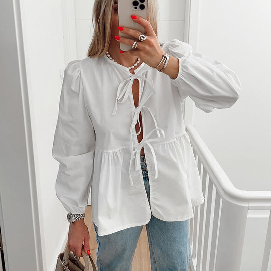 Damen Bluse mit verspielten Bänder-Details und lockerer Passform Heidi-Mode