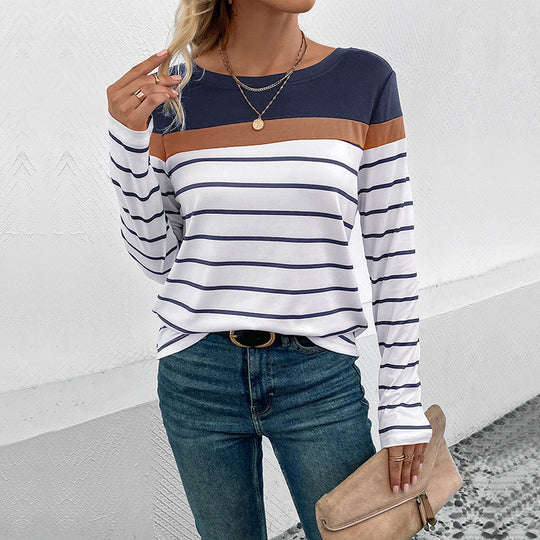 Damen Langarmshirt mit modischem Streifenmuster und kontrastierendem Oberteil Heidi-Mode