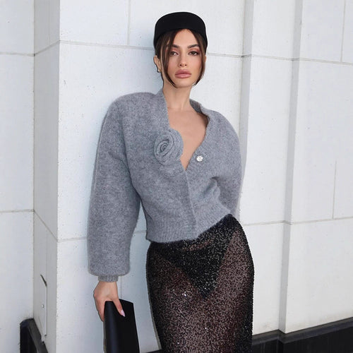 Damen cropped Chiffon-Jacke mit Blumenapplikationen Heidi-Mode