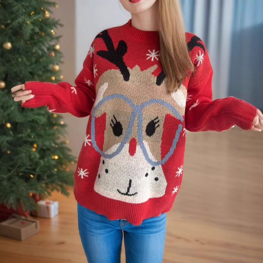 Damen festlicher Pullover mit weihnachtlichem Rentier-Motiv und lockerer Passform Heidi-Mode