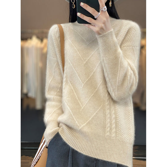Damen Grobstrickpullover mit innovativem Zopfmuster und hohem Stehkragen Heidi-Mode