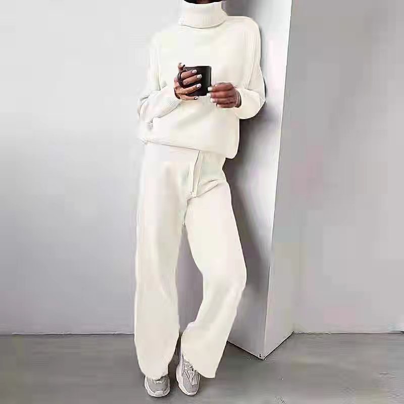 Damen kuscheliges Strick-Loungewear-Set mit weiten Hosen und elegantem Rundhalsausschnitt Heidi-Mode