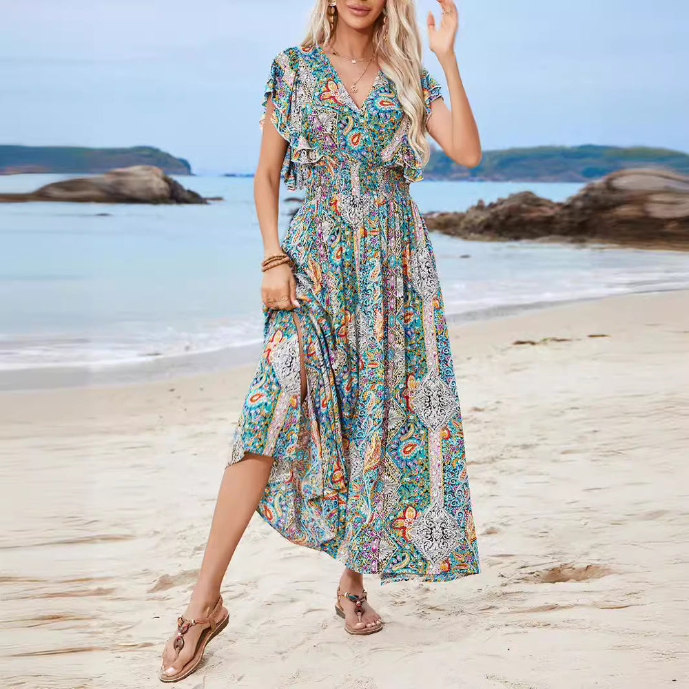 Damen Maxikleid mit verspieltem Mustermix und Rüschendetails Heidi-Mode
