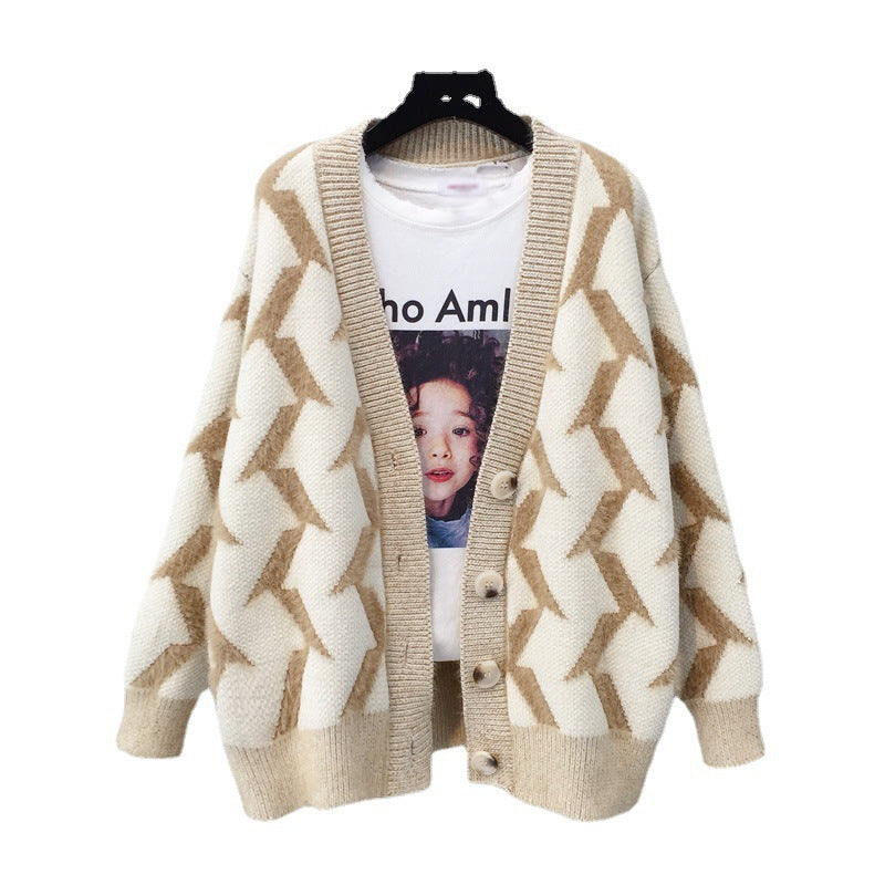 Damen Grobstrick Cardigan mit modernem Zickzackmuster und Knopfdetails Heidi-Mode