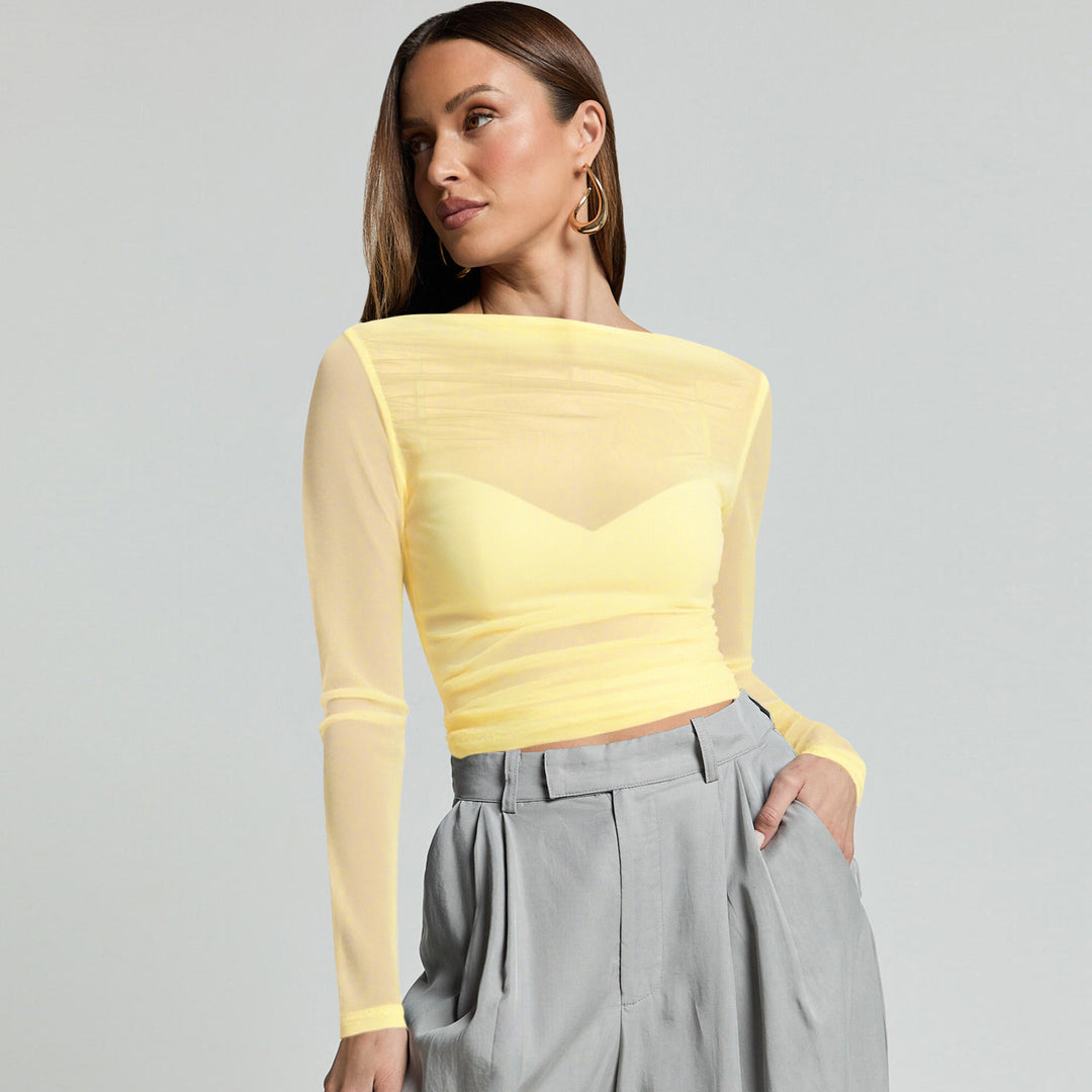 Damen Elegantes Langarmoberteil mit transparentem Mesh und Raffung Heidi-Mode