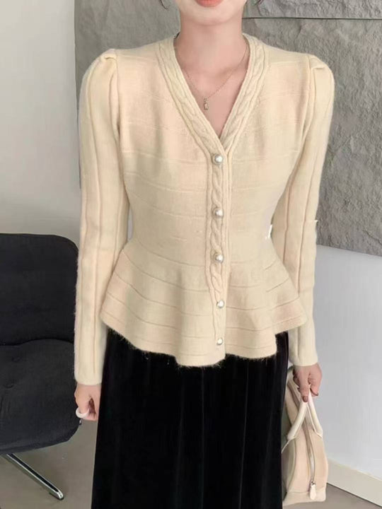 Damen elegante Strickjacke mit strukturiertem Design und femininen Puffärmeln Heidi-Mode
