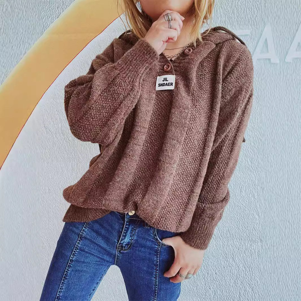 Damen lockerer Strickpullover mit Kapuze und dekorativen Knöpfen Heidi-Mode