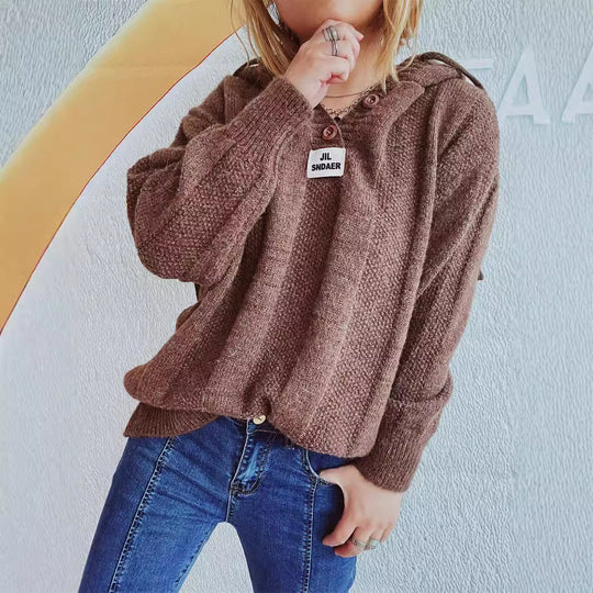 Damen lockerer Strickpullover mit Kapuze und dekorativen Knöpfen Heidi-Mode