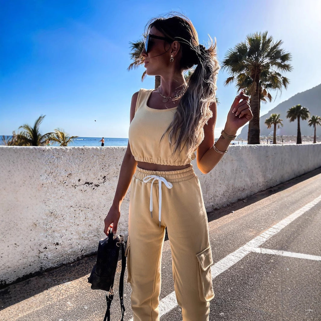 Damen lässiges Crop-Top und Jogginghose-Set mit verstellbarem Kordelzug Heidi-Mode